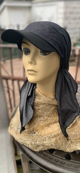 Denim Sun Visor Baseball Cap Tie Back Hat Blue or Black Sun Visor Scarf Hijab Covering