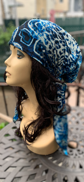 Swim Cap | Swimming Pool Tie Back Cap in Tie Dye Blue Beautiful Print | Pre Tied Head Scarf For The Beach | Hair Wrap For All Seasons