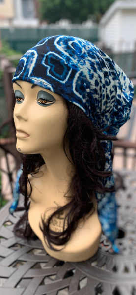 Swim Cap | Swimming Pool Tie Back Cap in Tie Dye Blue Beautiful Print | Pre Tied Head Scarf For The Beach | Hair Wrap For All Seasons