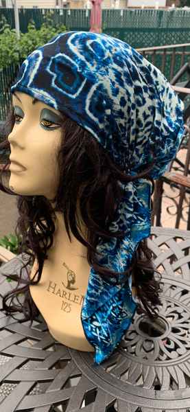 Swim Cap | Swimming Pool Tie Back Cap in Tie Dye Blue Beautiful Print | Pre Tied Head Scarf For The Beach | Hair Wrap For All Seasons