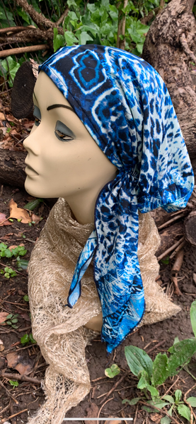 Swim Cap | Swimming Pool Tie Back Cap in Tie Dye Blue Beautiful Print | Pre Tied Head Scarf For The Beach | Hair Wrap For All Seasons