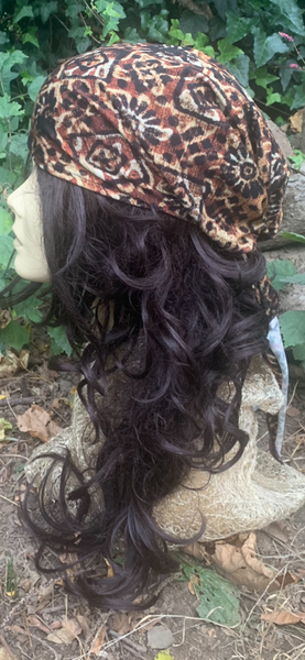 Brown Pre Tied Slip On Hijab Tichel Headscarf Bandana | Cross Design | Rustic Boho Chic Style | Proudly Made In the USA by Uptown Girl Headwear