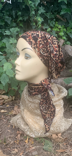 Brown Pre Tied Slip On Hijab Tichel Headscarf Bandana | Cross Design | Rustic Boho Chic Style | Proudly Made In the USA by Uptown Girl Headwear