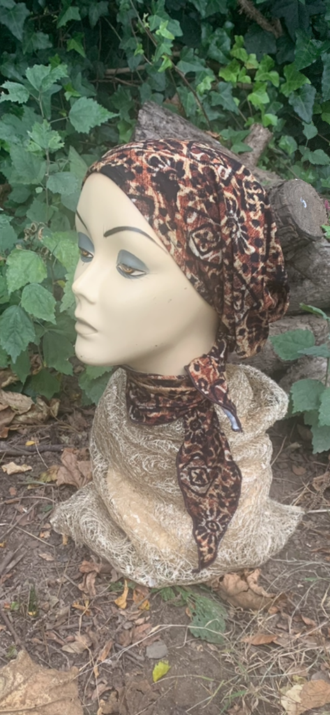 Brown Pre Tied Slip On Hijab Tichel Headscarf Bandana | Cross Design | Rustic Boho Chic Style | Proudly Made In the USA by Uptown Girl Headwear