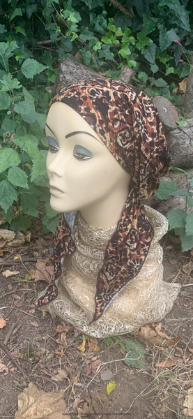 Brown Pre Tied Slip On Hijab Tichel Headscarf Bandana | Cross Design | Rustic Boho Chic Style | Proudly Made In the USA by Uptown Girl Headwear