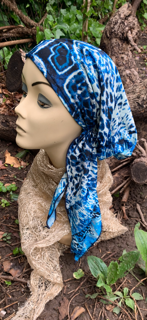 Swim Cap | Swimming Pool Tie Back Cap in Tie Dye Blue Beautiful Print | Pre Tied Head Scarf For The Beach | Hair Wrap For All Seasons