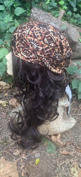 Brown Pre Tied Slip On Hijab Tichel Headscarf Bandana | Cross Design | Rustic Boho Chic Style | Proudly Made In the USA by Uptown Girl Headwear