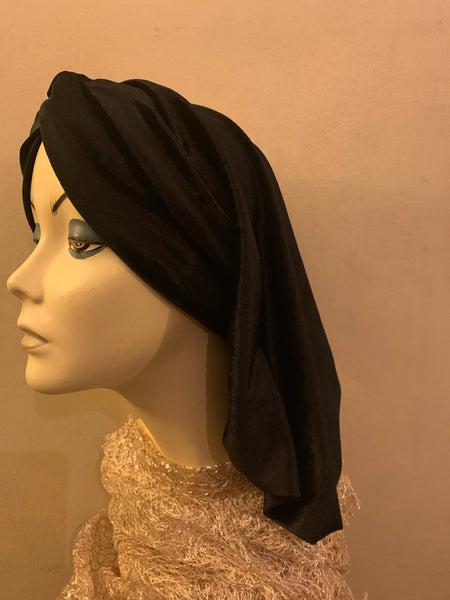 Beautiful Shorter Black Stretchy Rich Velour Lightweight Snood Hijab Turban Head Scarf For Women | Uptown Girl Headwear Brand | Made in USA