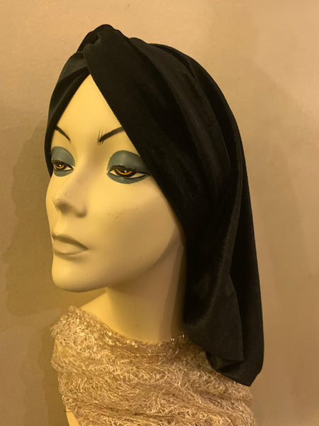 Beautiful Shorter Black Stretchy Rich Velour Lightweight Snood Hijab Turban Head Scarf For Women | Uptown Girl Headwear Brand | Made in USA