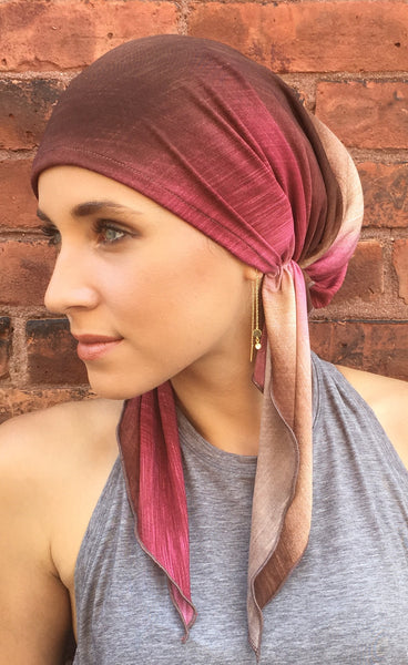 Best Seller! Cocoa Raspberry SMALL Headsize Lightweight Tie Dye Hijab Pre-Tied Head Scarf - Uptown Girl Headwear