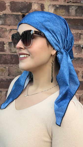 Swim Cap Denim Blue Head Wrap Tichel Hair Scarf For Natural Hair For Women. Has Non slip inserted band. Made in USA - Uptown Girl Headwear