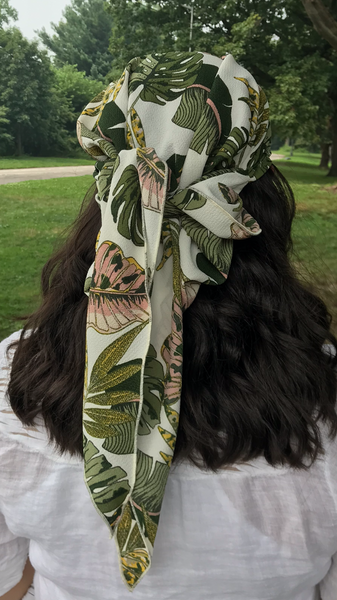 Adjustable Head Scarf For Women | Versatile Modern Style Hair Scarf | Green Leafy Rustic Print | Fashion Headwear Design | Made in USA