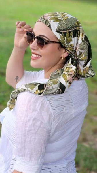 Adjustable Head Scarf For Women | Versatile Modern Style Hair Scarf | Green Leafy Rustic Print | Fashion Headwear Design | Made in USA