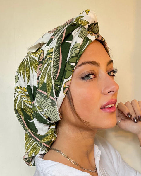 Adjustable Head Scarf For Women | Versatile Modern Style Hair Scarf | Green Leafy Rustic Print | Fashion Headwear Design | Made in USA