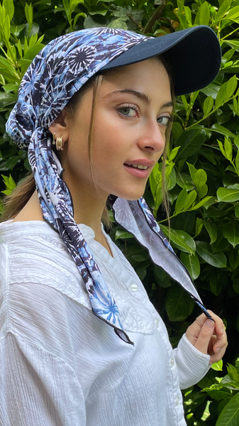Tie Dye Blue Headwear | Denim Match Sun Visor Hat With Attached Pre Tied Scarf To Help Shade From The Sun
