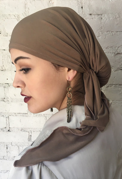 Scrub Cap Hat. Tan Lycra Lightweight Hair Wrap Head Scarf Hijab. Made in USA - Uptown Girl Headwear