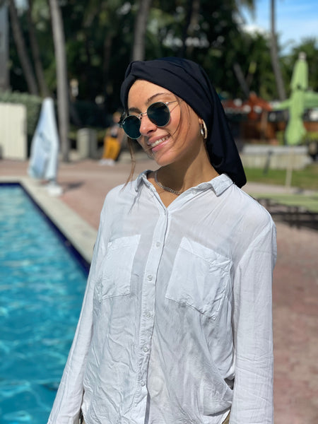 Black Snood | Modern Hijab | Turban Jersey Lycra | Made in USA by Uptown Girl Headwear