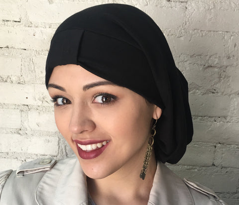 Black Cotton Feel Hijab Hair Snood Turban Head Covering - Uptown Girl Headwear