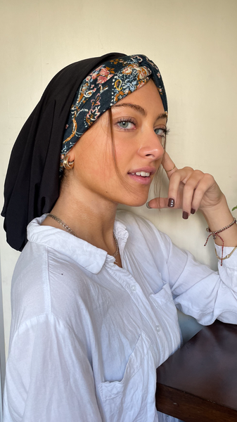Black Blue Floral Turban Snood. Modern Hijab Head Scarf. Made in USA