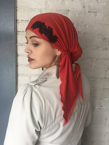 New Slip On Style Pre Tied Head Scarf Hair Wrap Red Orange - Uptown Girl Headwear