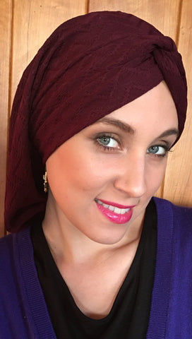 Turban Burgundy Textured Modern Hijab Hair Knot Snood Tichel To Cover and Conceal Hair All Day. Made in USA - Uptown Girl Headwear
