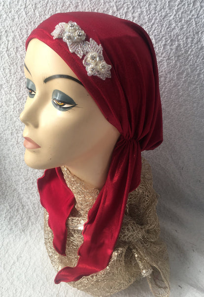 Tie Back Cap To Conceal Hair Pre Tied Head Scarf Casual Dressy Gift Red Wrap Dressy with Shimmer Shine - Uptown Girl Headwear