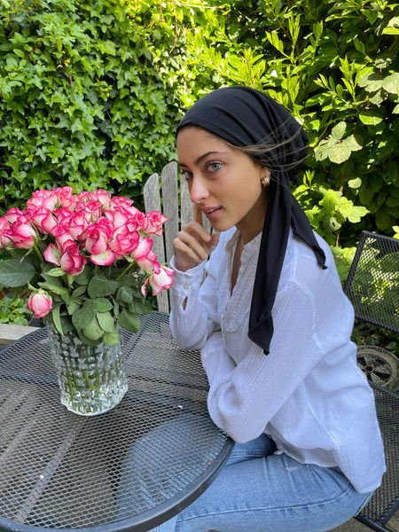 Black Cotton Tichel Pre Tied Bandana Hijab Hair Scarf. Made in USA by Uptown Girl Headwear