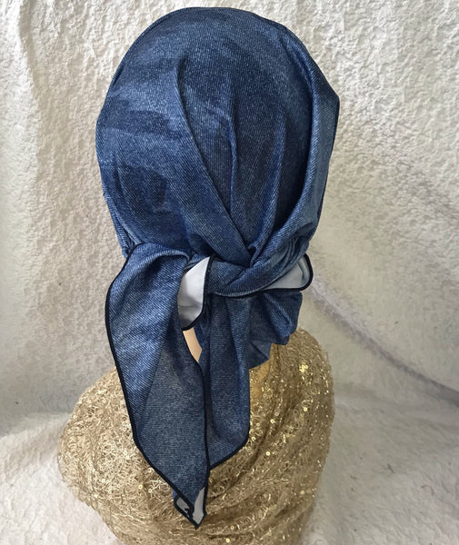 Swim Cap Denim Blue Head Wrap Tichel Hair Scarf For Natural Hair For Women. Has Non slip inserted band. Made in USA - Uptown Girl Headwear