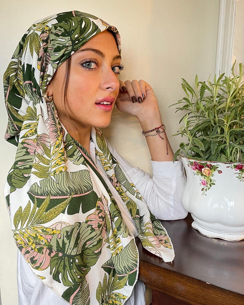 Adjustable Head Scarf For Women | Versatile Modern Style Hair Scarf | Green Leafy Rustic Print | Fashion Headwear Design | Made in USA