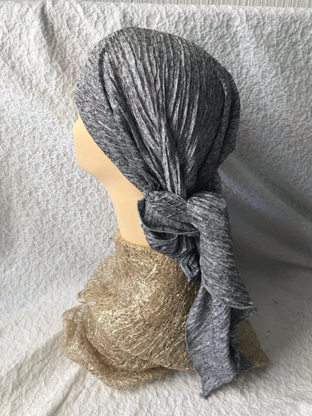 Tie Back Hat To Conceal Hair Stunning Grey Pleated Pre Tied Head Covering Head Wrap Scarf. - Uptown Girl Headwear