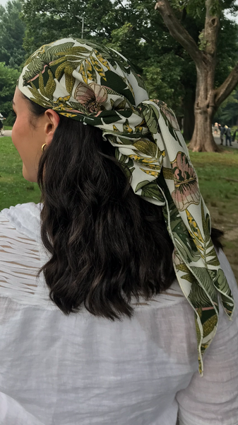 Adjustable Head Scarf For Women | Versatile Modern Style Hair Scarf | Green Leafy Rustic Print | Fashion Headwear Design | Made in USA