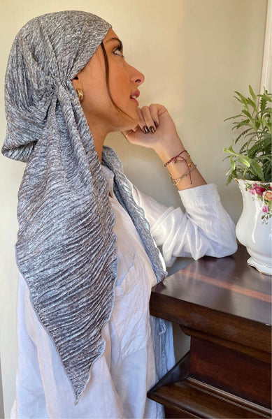 Modern Silver Grey Headscarf | Head Cover Turban For Women | Long Tie Back Hat Hair Wrap To Conceal Hair | Silver Fitted Pre Tied Head Covering | Head Wrap Scarf For Women