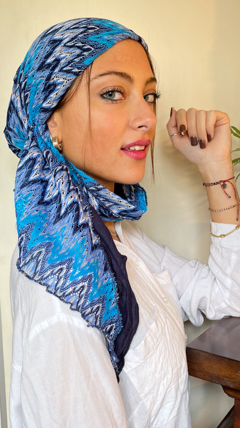 Blue Head Scarf With Lining. Lace Lightweight Hair Covering For Women. Made in USA