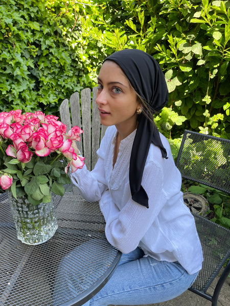 Black Head Scarf Hijab Lightweight Sleek Lycra Spandex Pre-Tied Head Hair Covering With Longer Ties