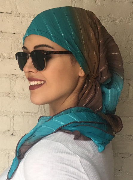 Brown Turquoise Easy Slip On Style Sequined Pre Tied Stunning Head Scarf Hijab Head Wrap For Women - Uptown Girl Headwear