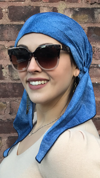Swim Cap Denim Blue Head Wrap Tichel Hair Scarf For Natural Hair For Women. Has Non slip inserted band. Made in USA - Uptown Girl Headwear