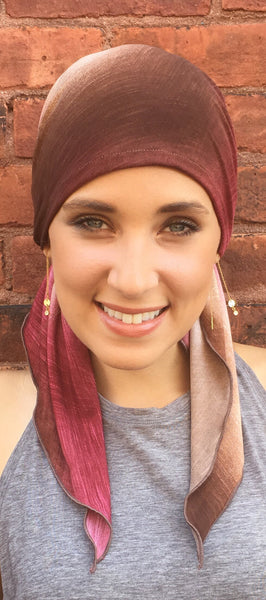 Best Seller! Cocoa Raspberry SMALL Headsize Lightweight Tie Dye Hijab Pre-Tied Head Scarf - Uptown Girl Headwear
