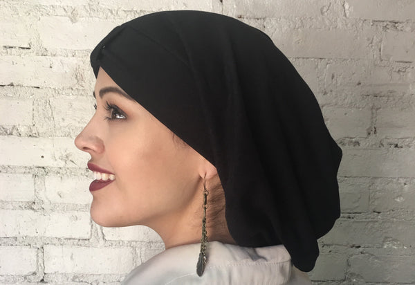 Black Cotton Feel Hijab Hair Snood Turban Head Covering - Uptown Girl Headwear