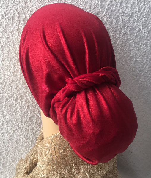 Tie Back Cap To Conceal Hair Pre Tied Head Scarf Casual Dressy Gift Red Wrap Dressy with Shimmer Shine - Uptown Girl Headwear