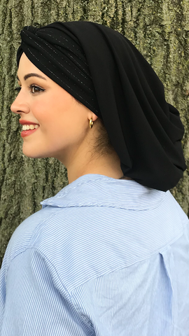 Tichel Black Snood With Silver Band Front Renaissance Style  Hair Snood Turban Hair Wrap Hijab Scarf