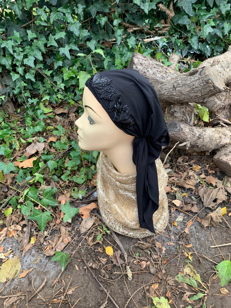 Black Pre Tied Headscarf For Women With Unique Black Sparkly Appliqué Design | Dressy or Casual | Black Modern Fitted Hijab | Made in the USA
