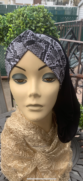 Black Snood With Grey Snake Skin Design | Modern Headscarf | Fashion Hair Scarf | Proudly Made in USA by Uptown Girl Headwear