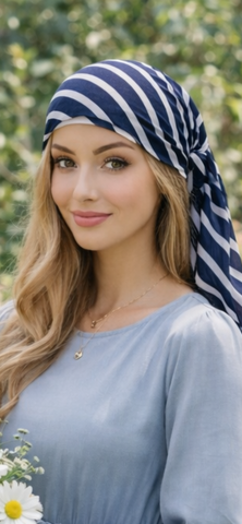 Blue and White Striped Pre Tied Scarf Tichel | Modern Hair Scarf | Young Style Fashion Head Scarf For Women | Exercise Hijab | Made in USA