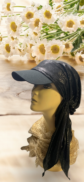 Uptown Girl Headwear New Modern Black Shiny Headscarf For Women | Head Scarf With Brim | Sun Visor Hat | Sun Shade Hat | Beachwear | Made in USA