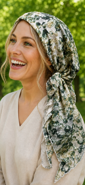 Lace Headscarf For Women | Feminine Stylish Pre Tied Green Head Covering To Cover Your Hair | Made in USA