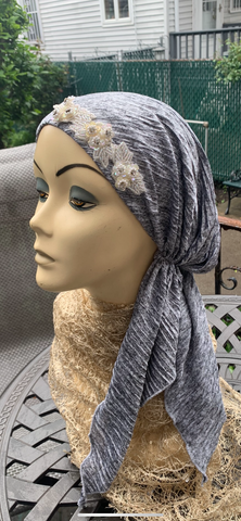 Premium Headscarf | Grey Headscarf For Women | Pre Tied Elasicized Hair Covering With Beautiful Design | Easy To Wear Hijab | Pretty Hair Scarf Tichel | Proudly Made in the USA by Uptown Girl Headwear