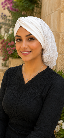 Tsnius Modest Clothing | White Snood With Silver | Uptown Girl Headwear Premium Turban Tichel | Beautiful Head Scarf Made in America