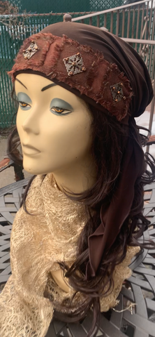 Tan Beige Unique Bohemian Style Tie Back Hat To Cover Hair | Cover & Conceal Hair Pre Tied Head Scarf For Women | Made in USA