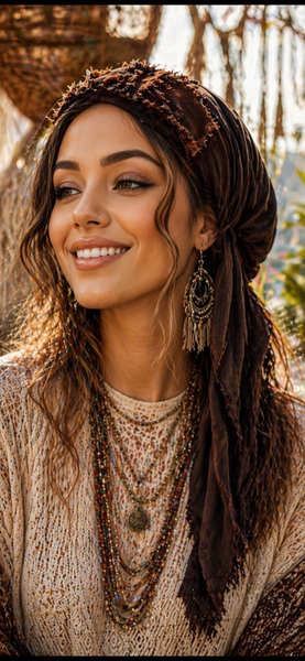 Bohemian Vibe Headscarf For Women | Brown Hair Covering | Pre Tied Fashion Headscarf