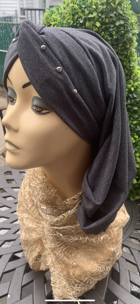 Grey Snood Turban Hijab With Silver Design